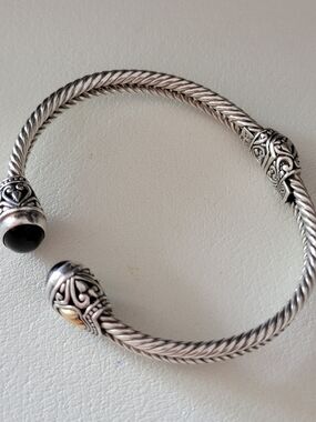 Benham SB Sterling Silver Twisted Cable Open Cuff Bracelet with Black Endstones